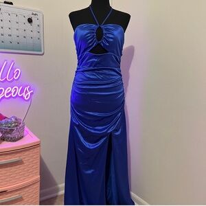 Blue Satin Formal Maxi Dress